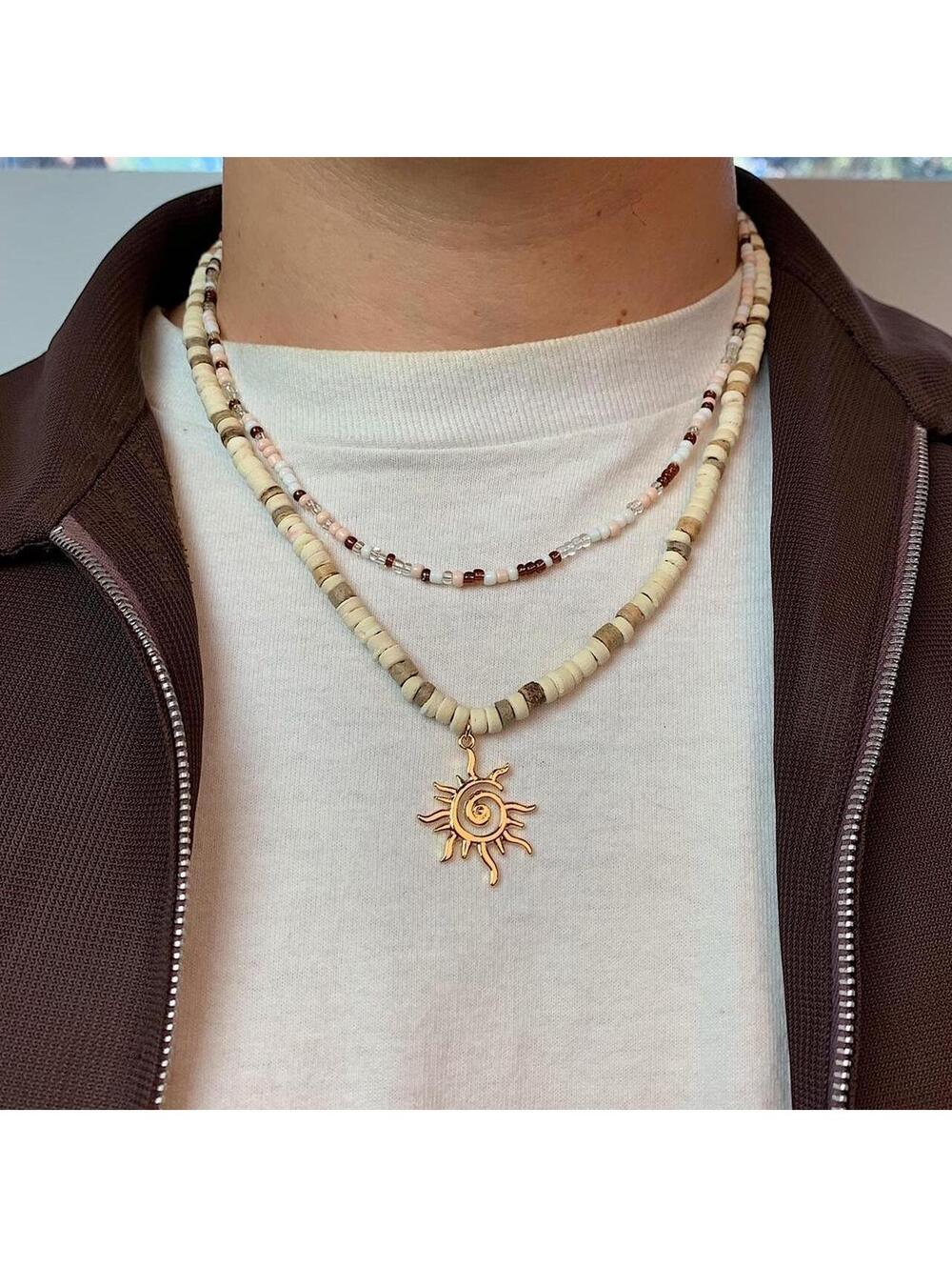 Y2k 2000s style Wood Beaded double layer Necklace with Cyber Star Sun Pendant